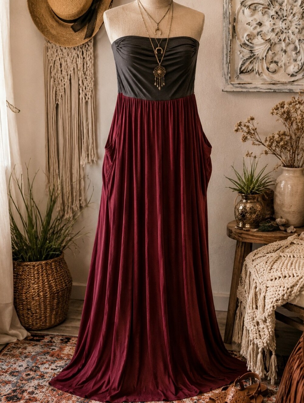 Coveted Clothing Strapless Maxi Dress Large Burgundy Black Pockets Soft Stretch